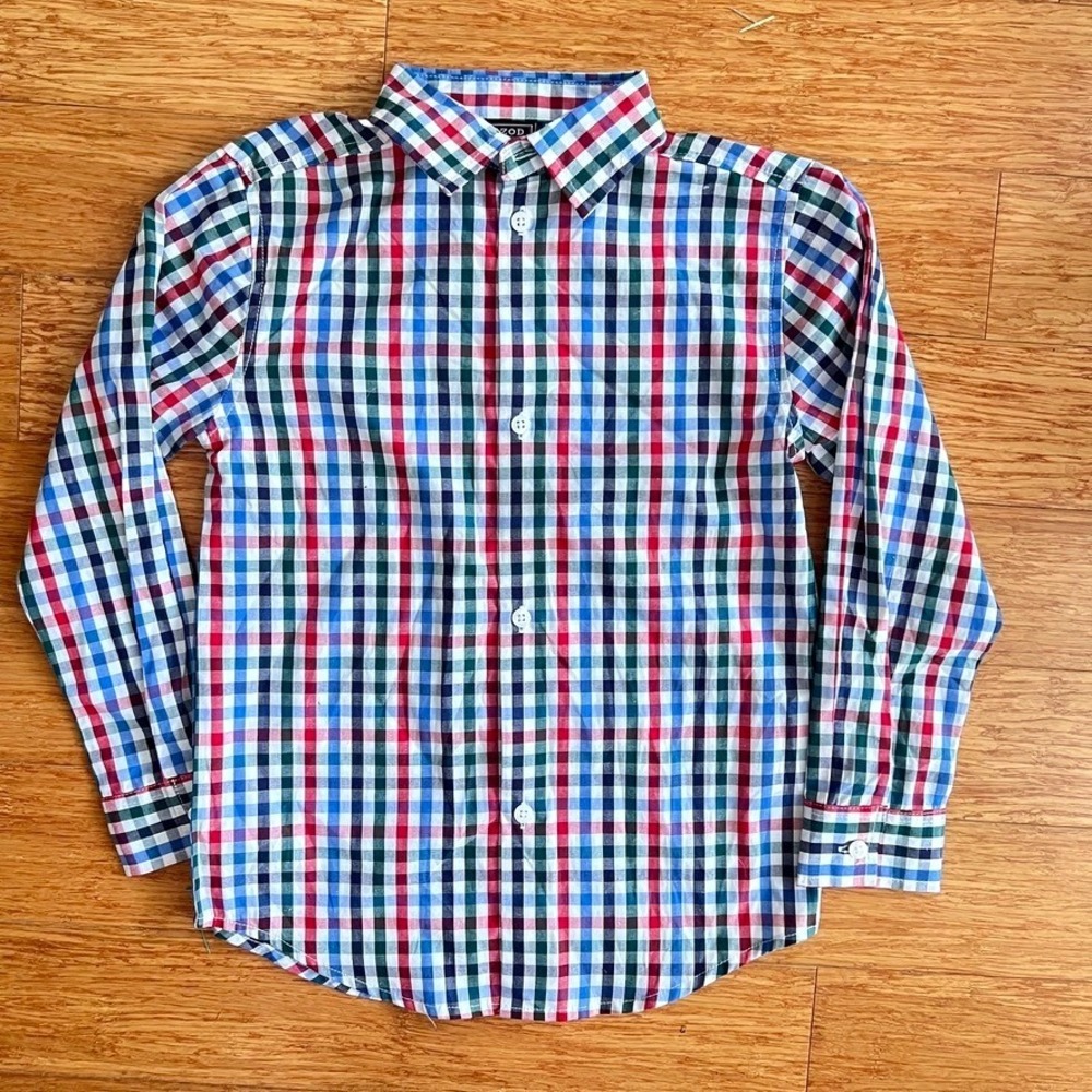IZOD Gingham Button Down Shirt Boys 6/7 Long Sleeve Multicolor Plaid Preppy
